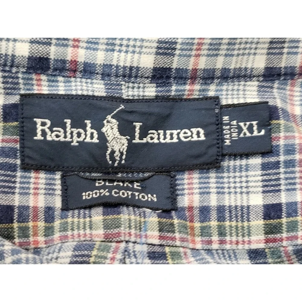 Ralph Lauren Mens Shirt XL‎ L/S Blue Plaid Blake100% Cotton Collared Button Down